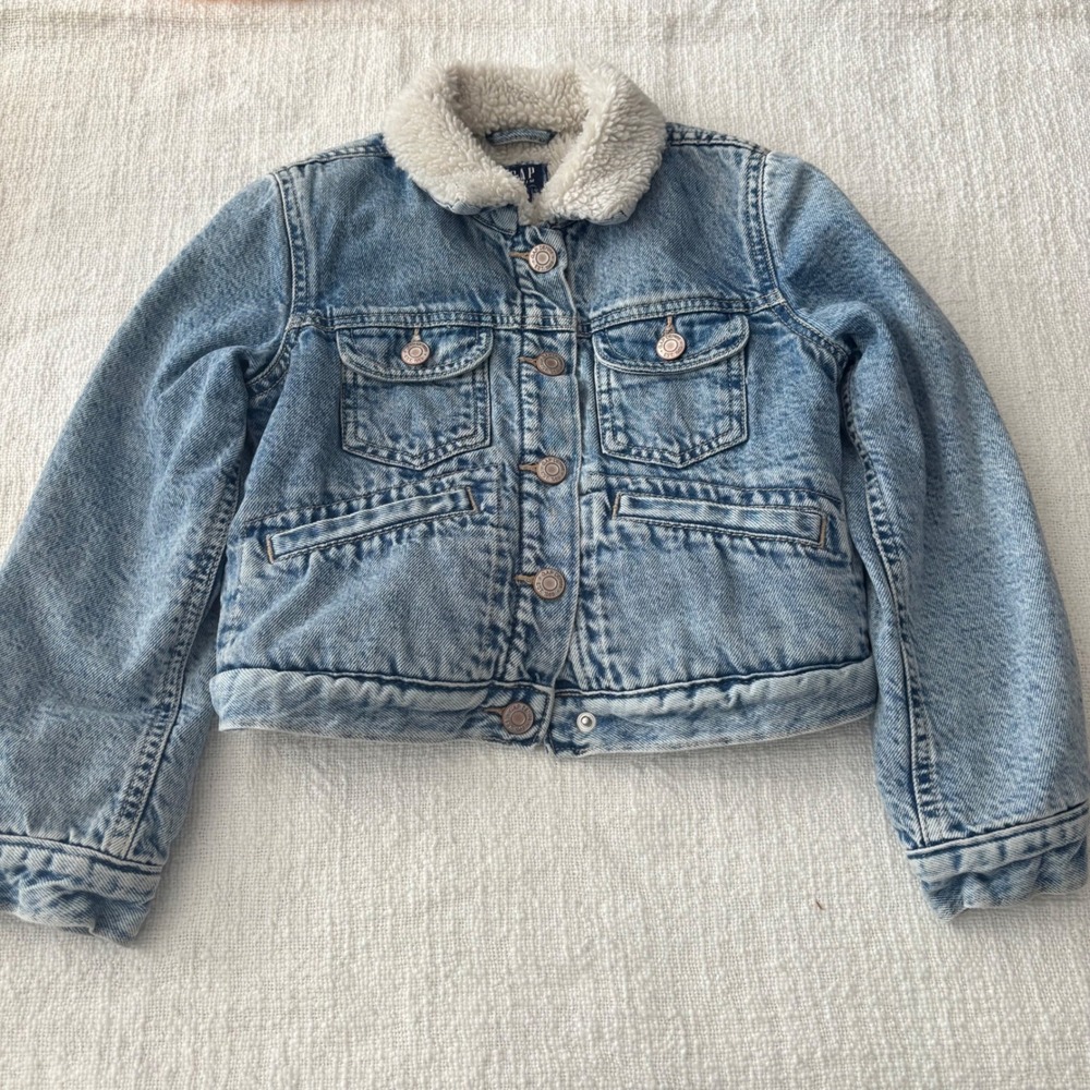 Gap Kids Blue Acid Wash Denim Faux Shearling Lined Jacket Size M 8